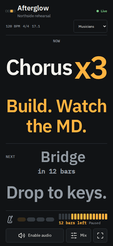 VMD Live showing Chorus now, x3 repeats remaining, Bridge next and musician instructions