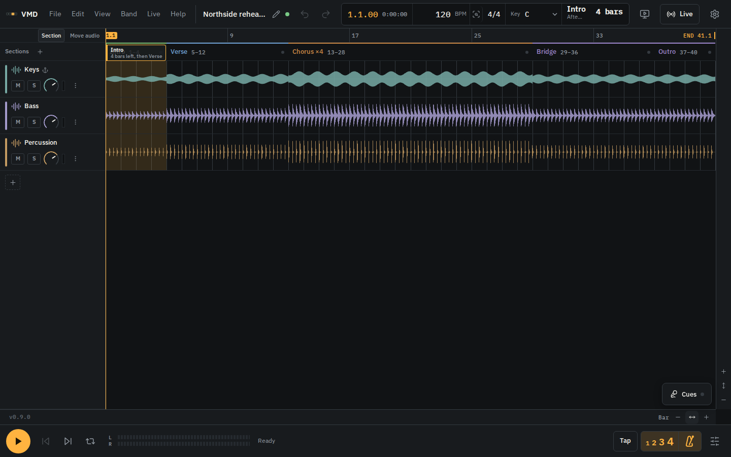 VMD workstation with synthetic audio and labelled song sections
